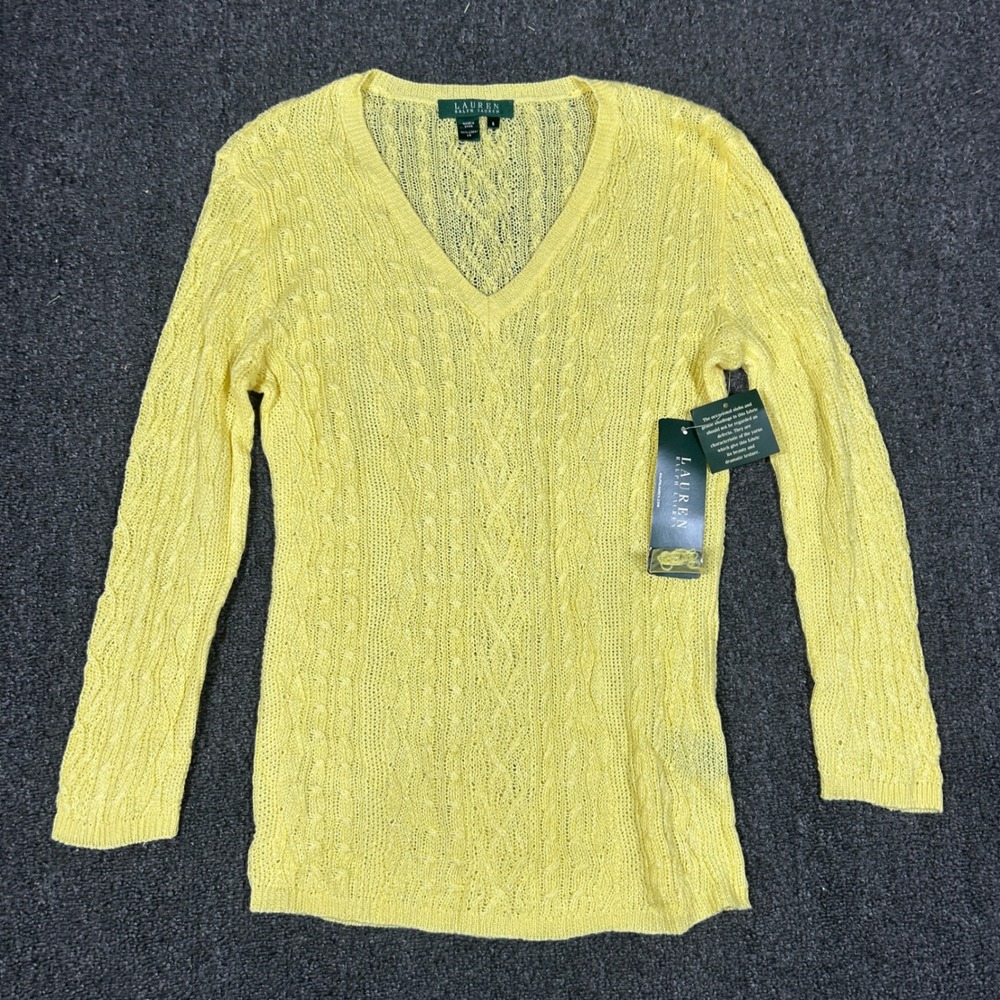Lauren Ralph Lauren Sweater Womens Small Yellow NWT Linen Cable Knit V-Neck LRL